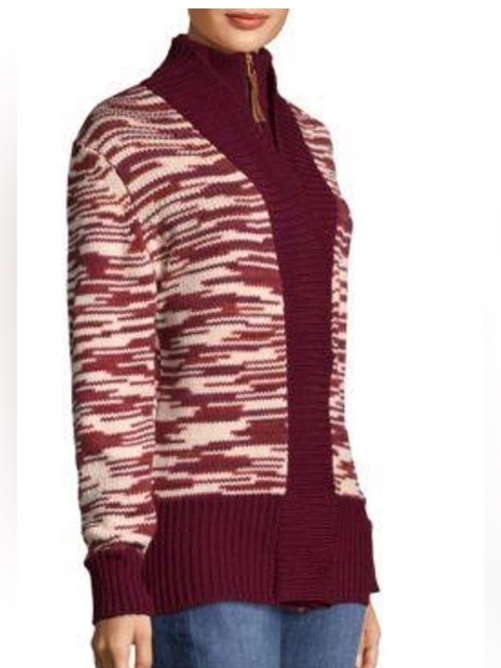 Tory Burch Olivia Merino Wool Red and Cream Zip-Front Shawl-Collar Cardigan
